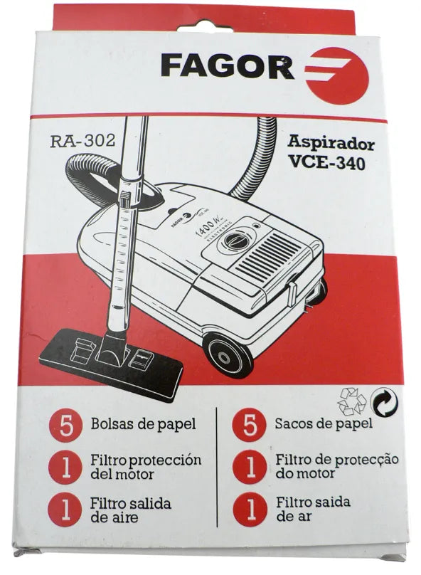 Bolsas aspirador M18804449 kit 5 bolsas y filtros para Fagor VCE-340 vista frontal